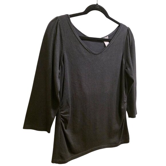 Ann Taylor Womens Black V-Neck Long Sleeve Ruched Quarter Sleeve Sweater Top L - Picture 2 of 7